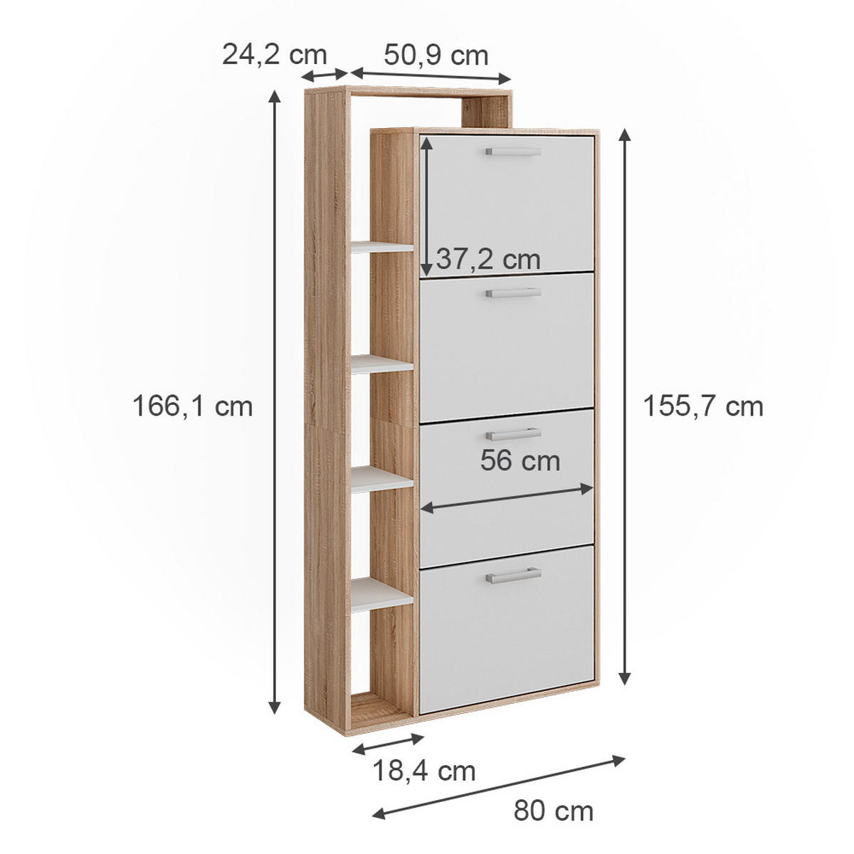 SCHUHKIPPER Orlando Weiß/Sonoma 80 x 166.1 cm mit 4 Fächern - Weiß/Sonoma Eiche, Holzwerkstoff (80/166.1/24.2cm) - Vicco