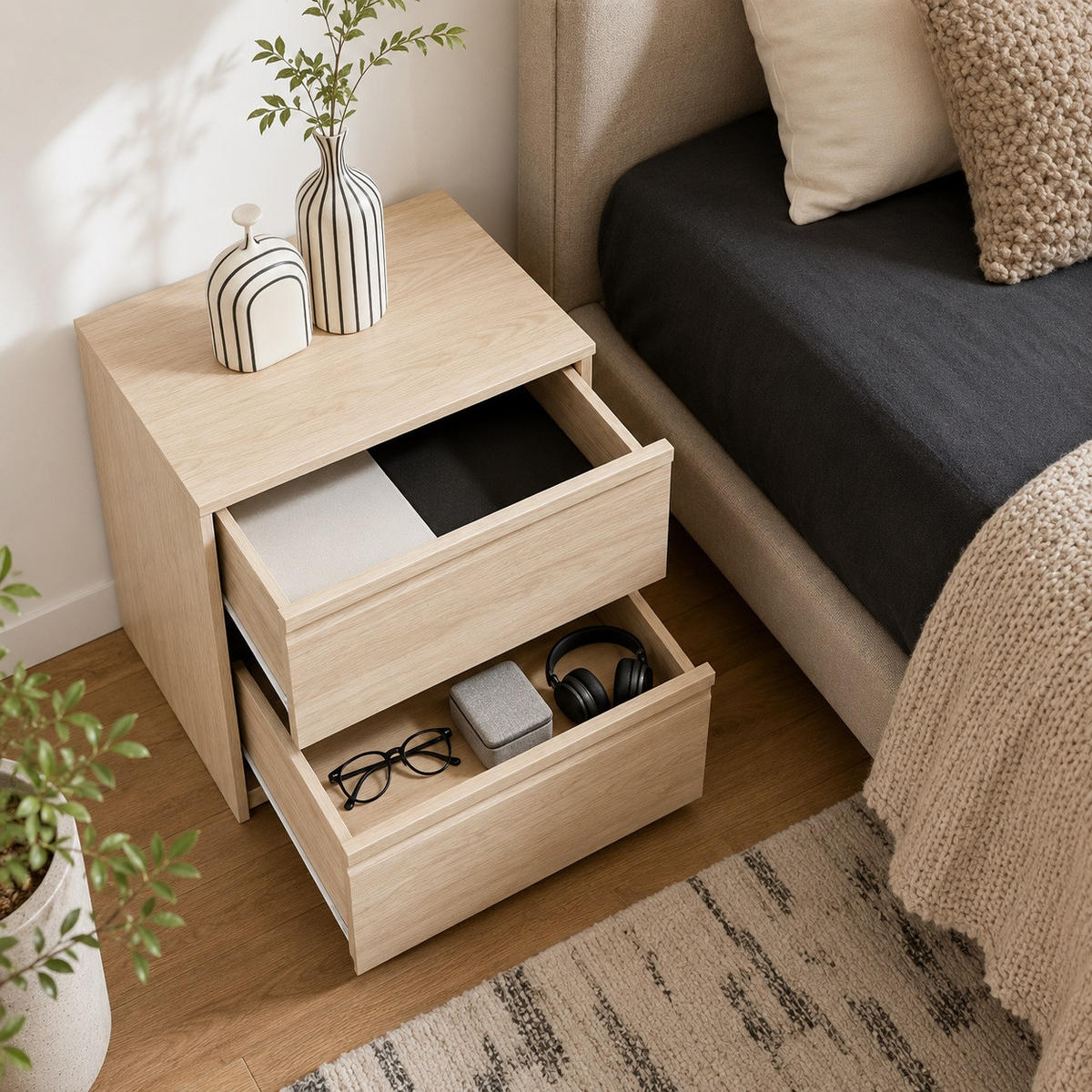 NACHTTISCH Holz mit 2 Schubladen, Holzoptik | B40 x T40 x H49 cm - Hellbraun, Holzwerkstoff (39.5/48.5/39.5cm) - Hometopia