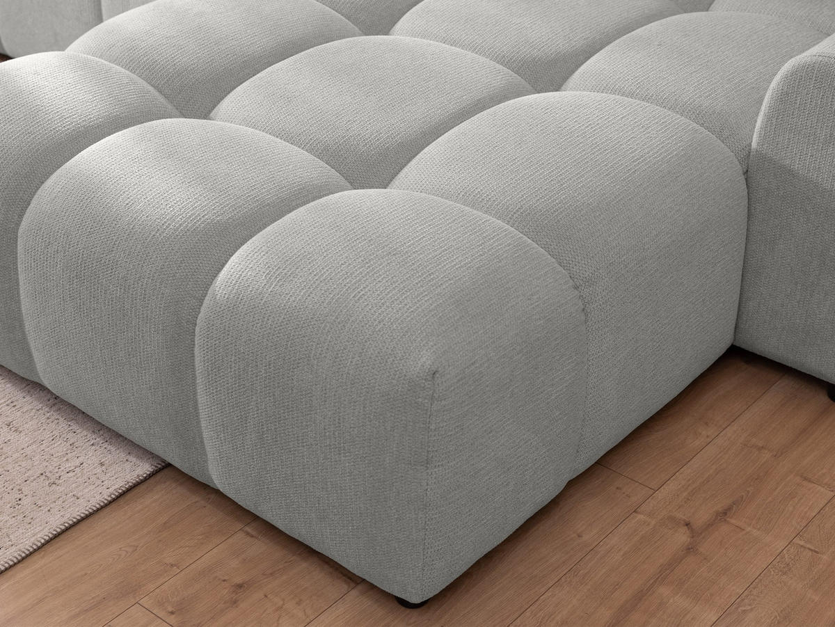 ECKSOFA inkl. Hocker Bubble mit Schlaffunktion und losen Rückenkissen, Sitzfläche Bubble-Optik aus weichem Hellegrau Strukturstoff - Ottomane Rechts - Hellgrau/Schwarz, Holz/Kunststoff (306/180cm) - S-Style Möbel