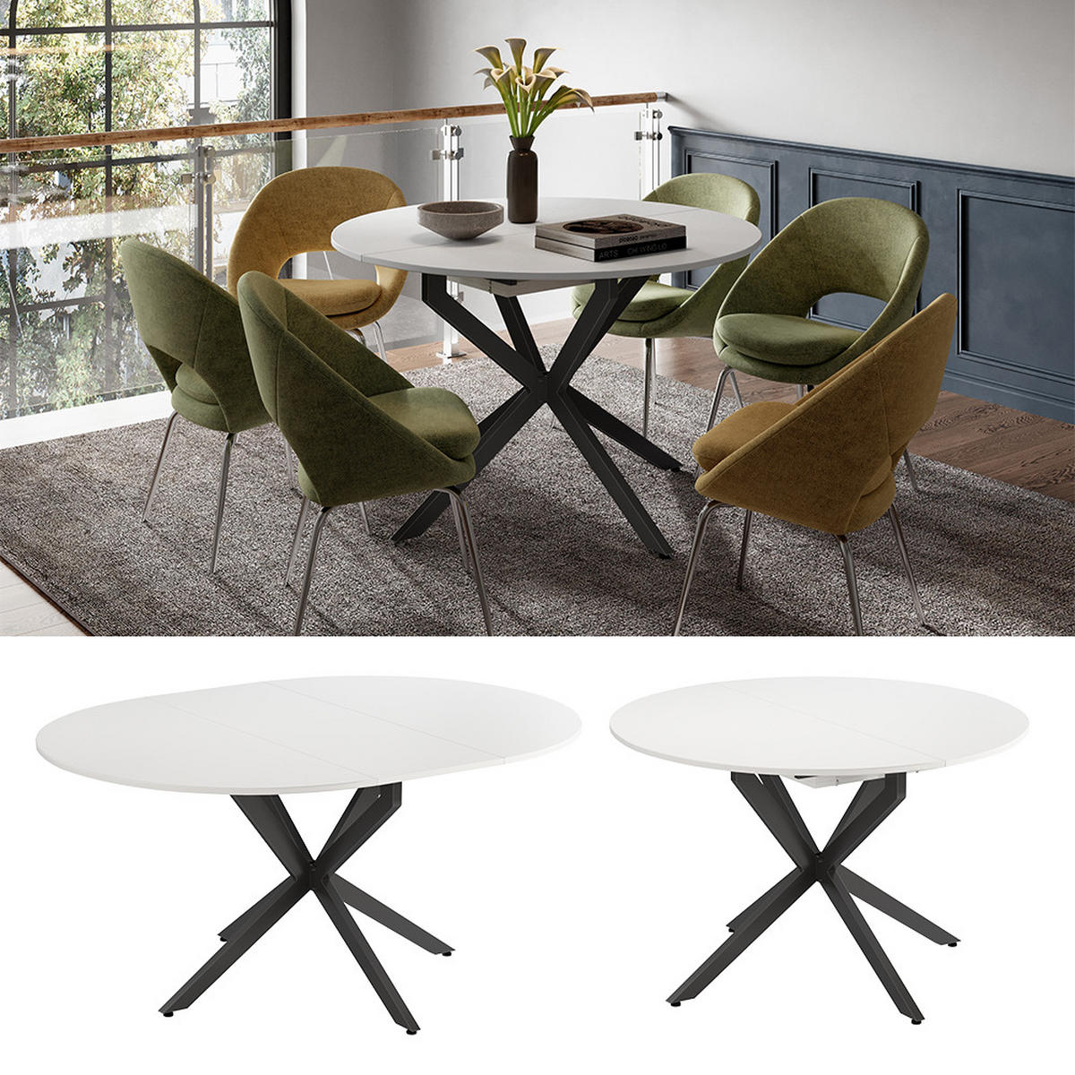 ESSTISCH Loyd Weiß/Schwarz 120 x 76.5 cm ausziehbar - Schwarz/Weiß, Holzwerkstoff (120/120/76.5cm) - Vicco