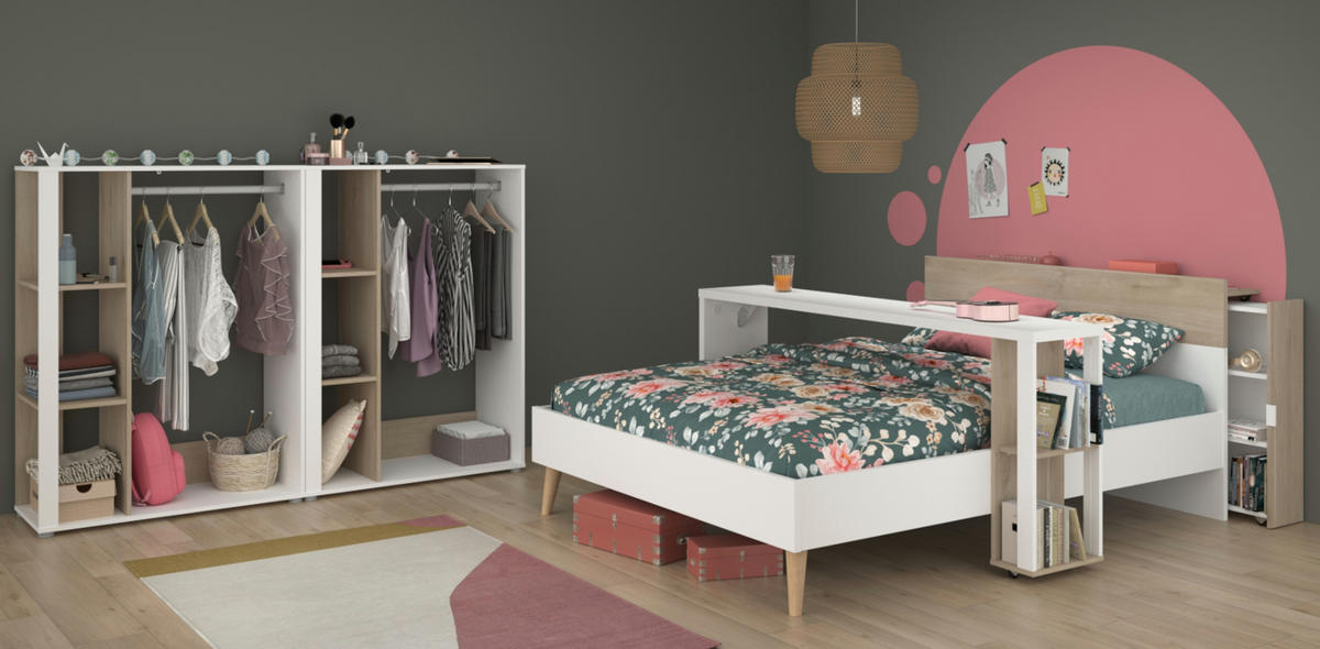 JUGENDZIMMER weiß, Eiche, Komplett-Set 5-teilig mit vielen Fächern - Eichefarben/Weiß, Holzwerkstoff (95/123/206cm) - Parisot Meuble