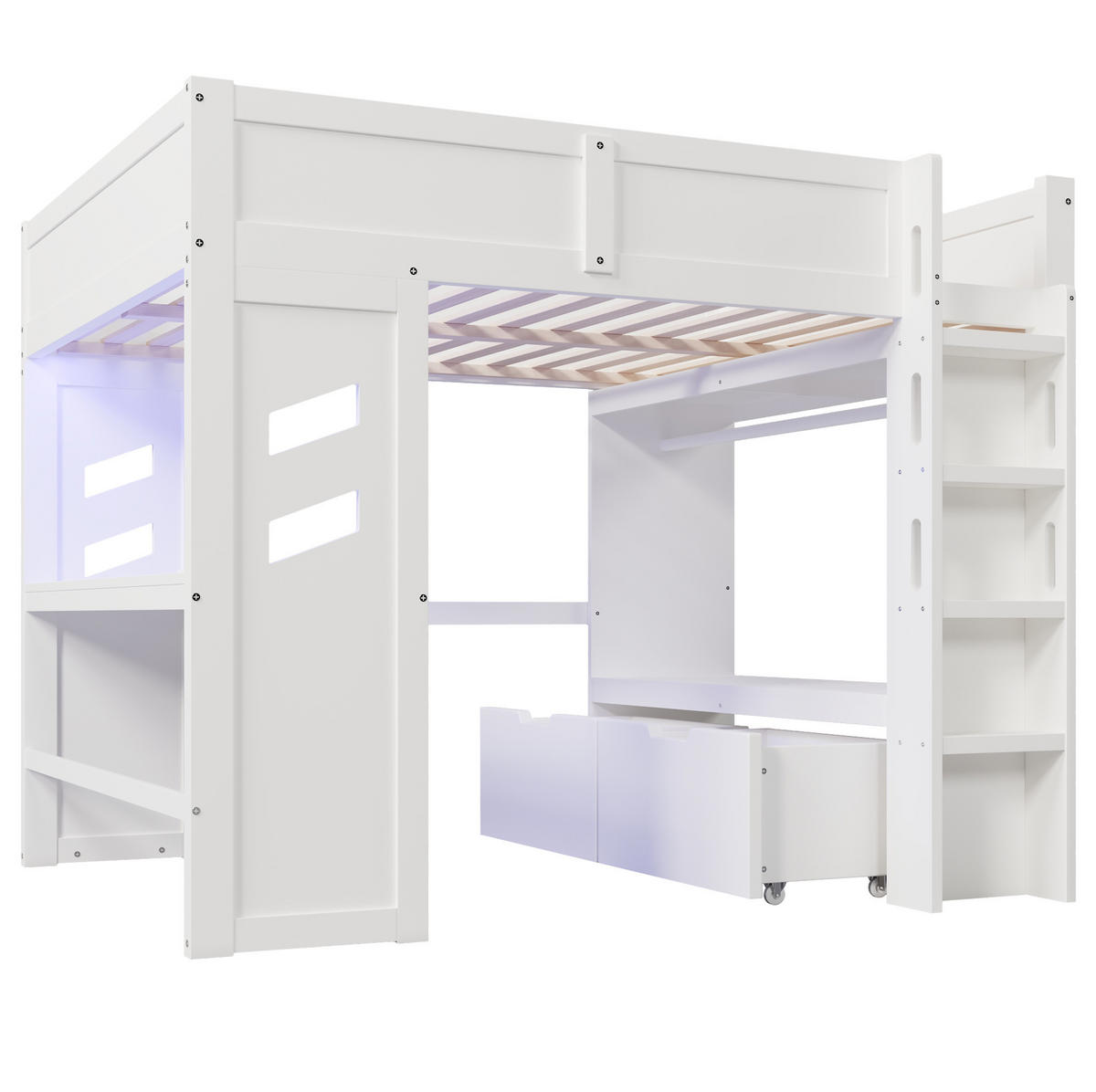 HOCHBETT 140/200 cm Weiß aus Kiefernholz mit Schreibtisch und LED-Beleuchtung - Weiß, Holz (140/200cm) - OKMYHOME