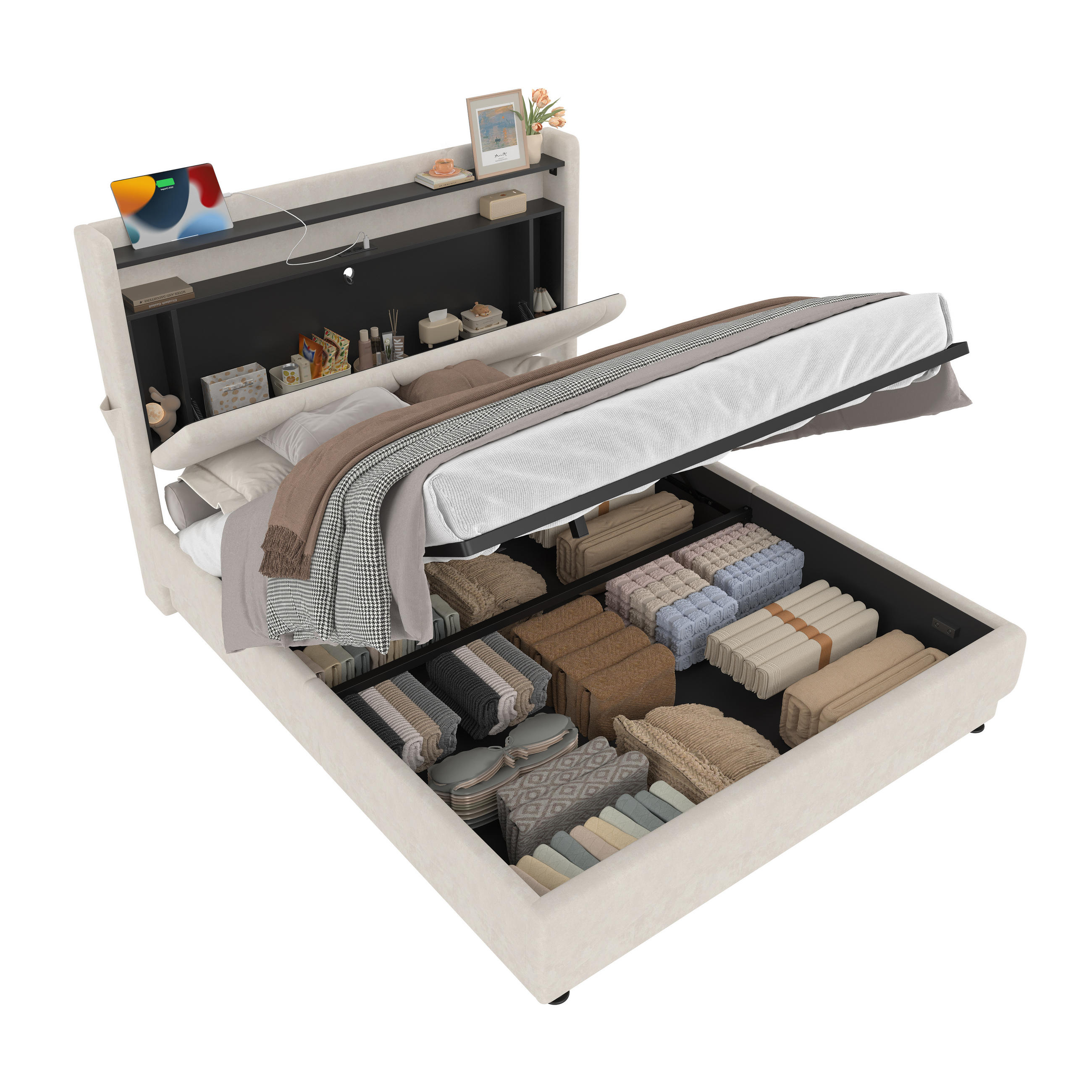 BOXBETT 140/200 mit Bettkasten, LED&USB, Samt, Beige - Beige, Metall (140/200cm) - LVHOM