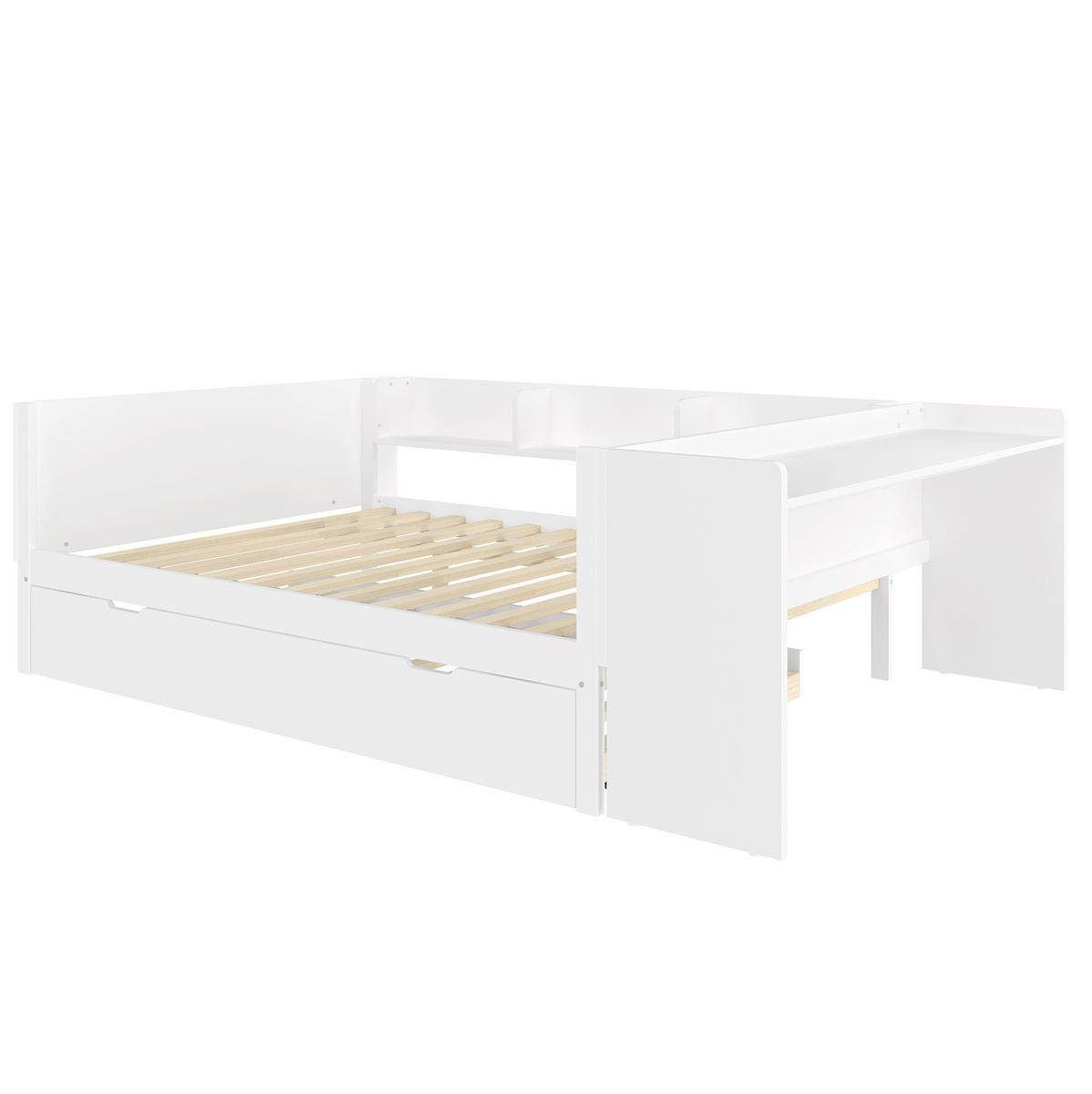 BETT 140/200 cm mit Schreibtisch, Rollbett und Regalen aus Kiefern und Spanplatte, Weiß - Weiß, Holzwerkstoff (140/200cm) - Redom