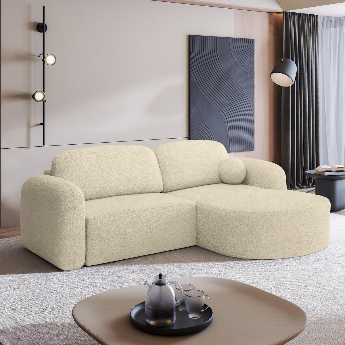 ECKSOFA AMILIA R-S Creme Boucle-Stoff mit Schlaffunktion - Creme, Holz (263/174cm) - MASSENO