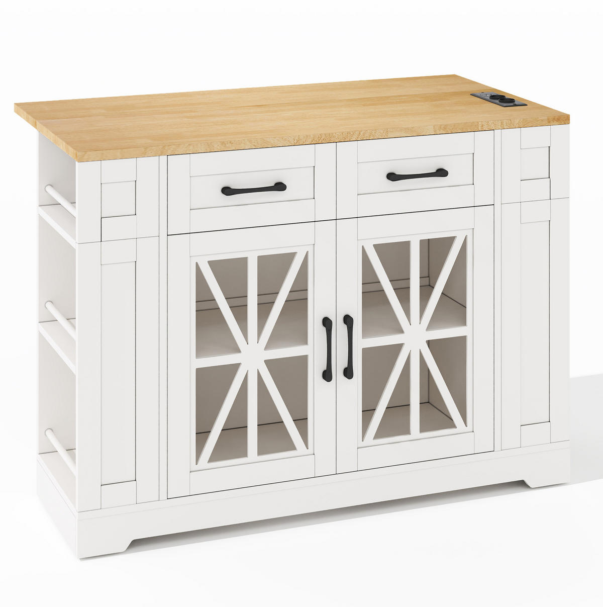 KÜCHENINSEL 120/40(65)/92 cm mit Klapptisch, 2 AC- und 2 USB-Anschlüssen, Glastüren und Rollen, Weiß/Natur - Weiß, Holzwerkstoff (120/92/65cm) - Redom