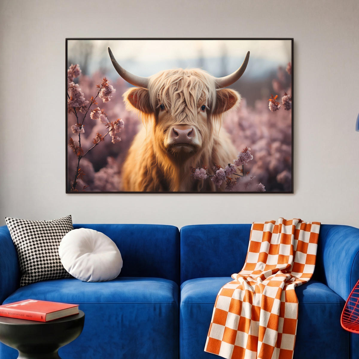 LEINWAND Bilder mit Rahmen - Schottischer Hochländer - Frühling - Hochland - 90x60 - Hellrosa, Textil (90/60cm) - MuchoWow