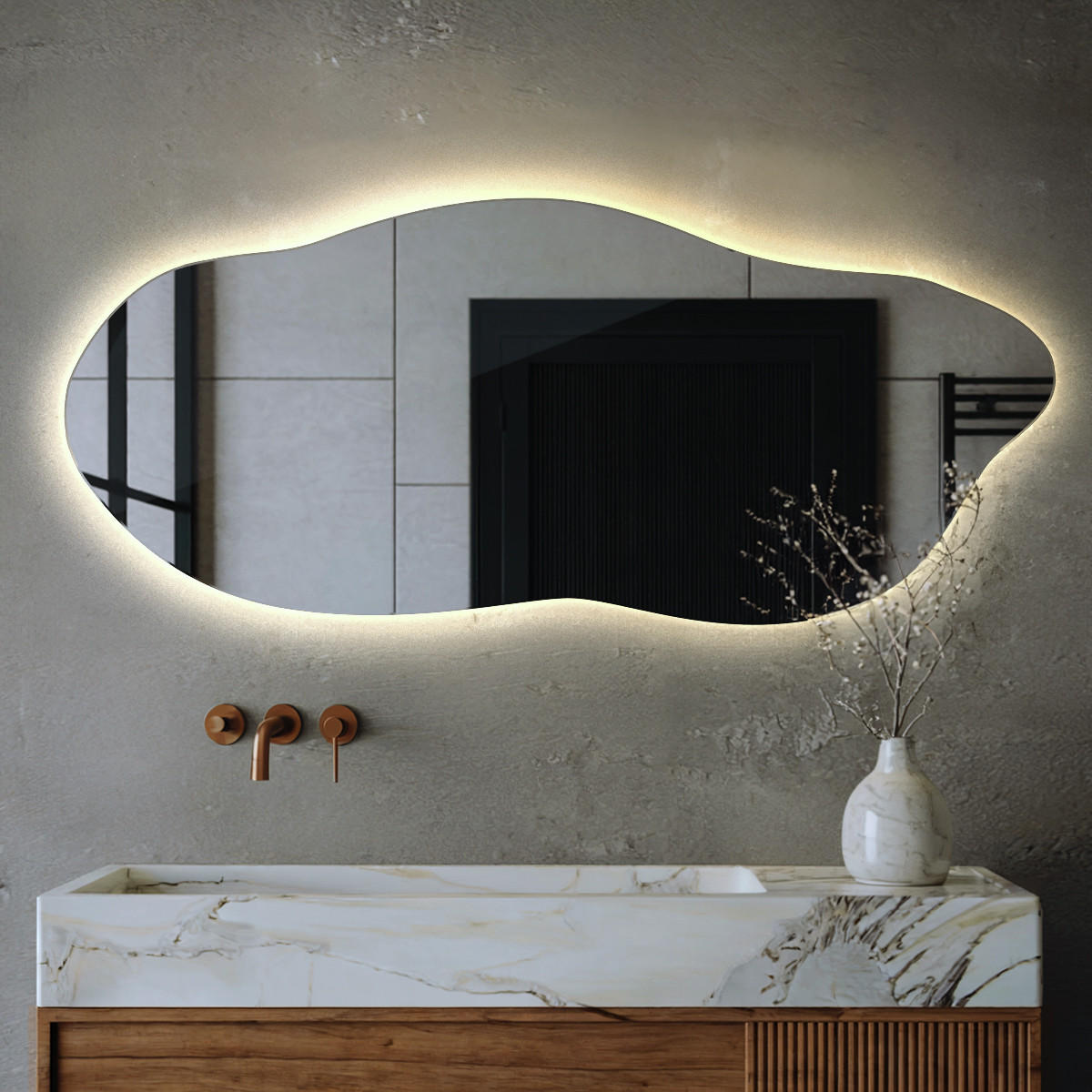 LED SPIEGEL 40x90 cm Asymmetrisch Neutralweiß 4000K - Blaugrau, Glas (40/90/0.4cm) - TULUP