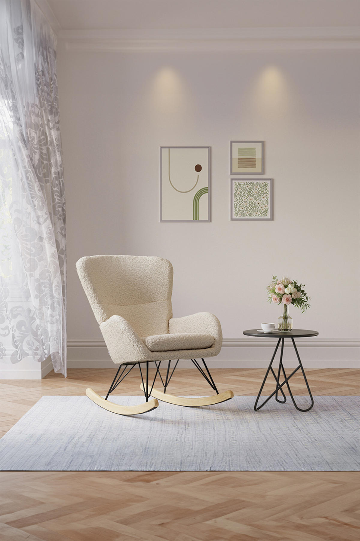 SCHAUKELSESSEL Sessel Armlehnen Eisenrahmen Fleece Cremefarbe Ergonomisch design Bewegung für Entspannung 98 x 73 x 103 cm - Creme, Holz/Textil (72/100.5/98cm) - Livingandhome