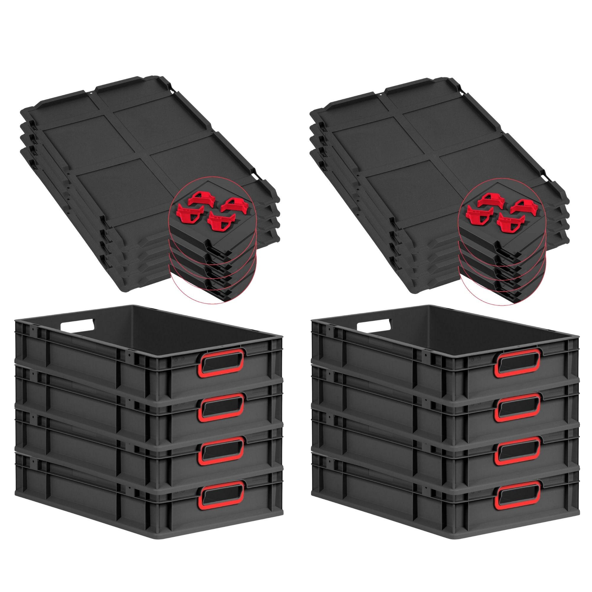 EUROBOX 8x NextGen Color mit Auflagedeckel 12x40x60 cm 23 Liter Schwarz Griffe rot offen - Rot/Schwarz, Kunststoff (40/12/60cm) - PROREGAL
