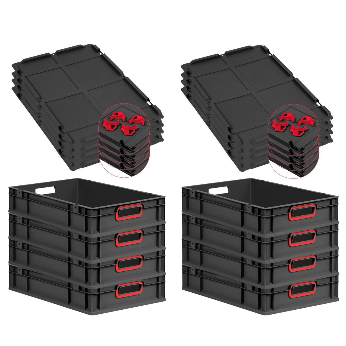 EUROBOX 8x NextGen Color mit Auflagedeckel 12x40x60 cm 23 Liter Schwarz Griffe rot offen - Rot/Schwarz, Kunststoff (40/12/60cm) - PROREGAL