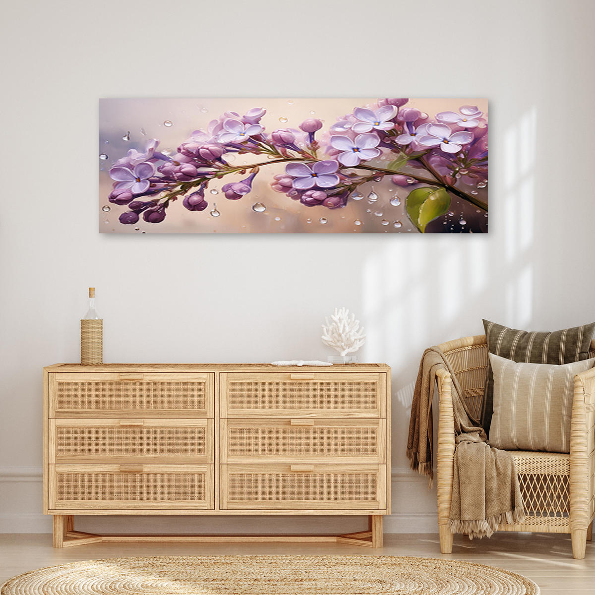 WANDBILD blühende fliederblüten tautropfen - Lila, Textil (90/30cm) - Feeby