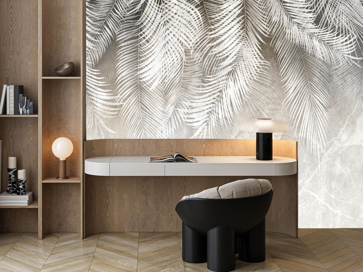 FOTOTAPETE für Schlafzimmer Vintage Palmenblätter auf Marmor Beige 500x350 - Weiß/Grau, Papier (500/350cm) - Muralo