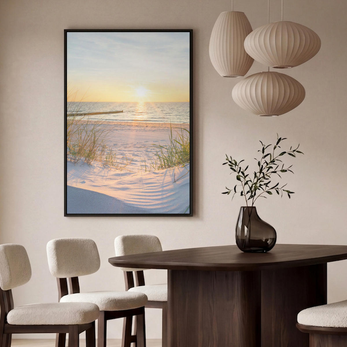 LEINWAND Bilder mit Rahmen - Strand - Sonne - Düne - Gras - Sand - Horizont - 80x120 - Hellblau, Textil (80/120cm) - MuchoWow