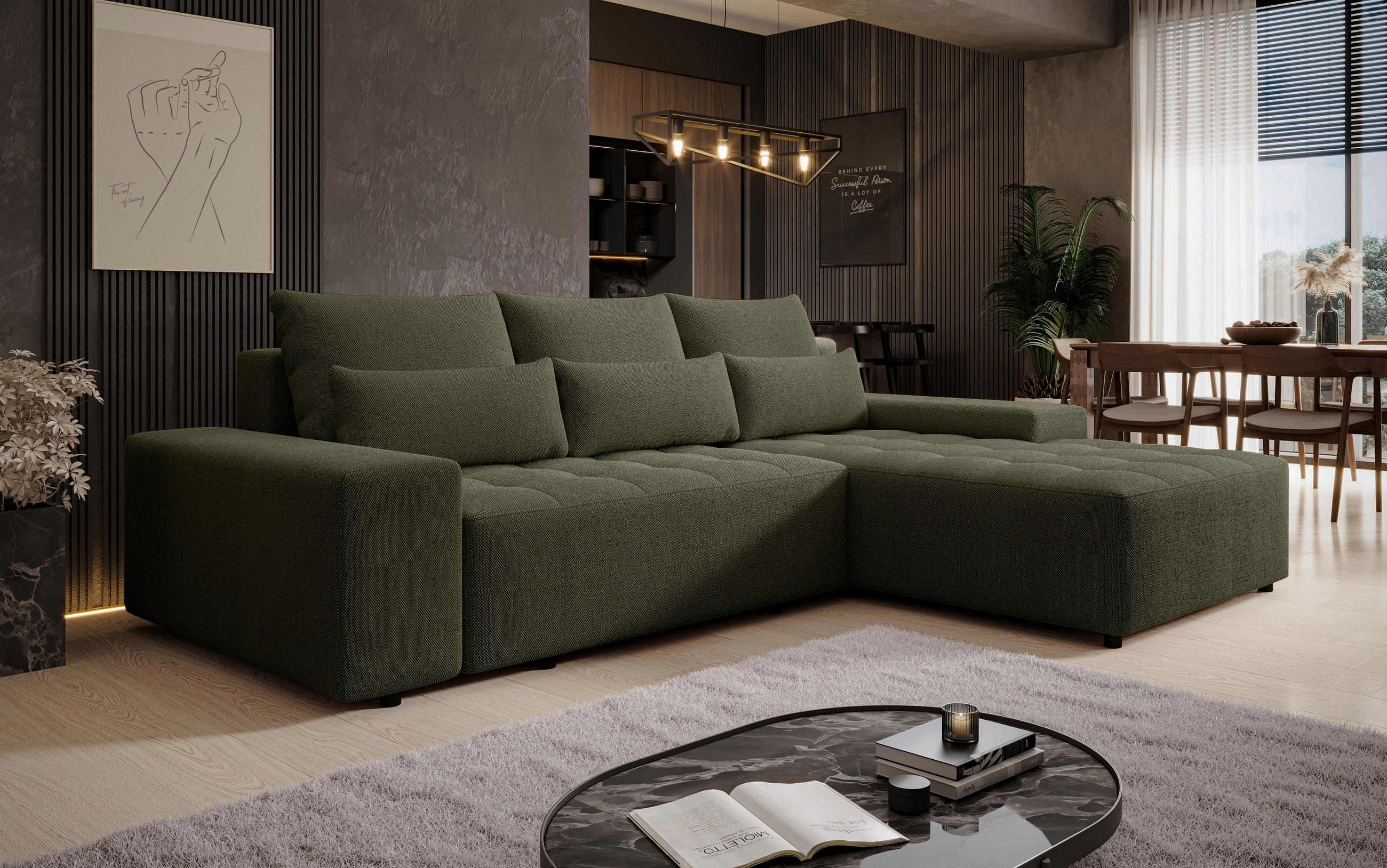 ECKSOFA L Form Alvorada Dunkelgrün 280/184/88 cm – modernes Sofa fürs Wohnzimmer - Dunkelgrün/Schwarz, Kunststoff/Textil (280/184cm) - AX Living