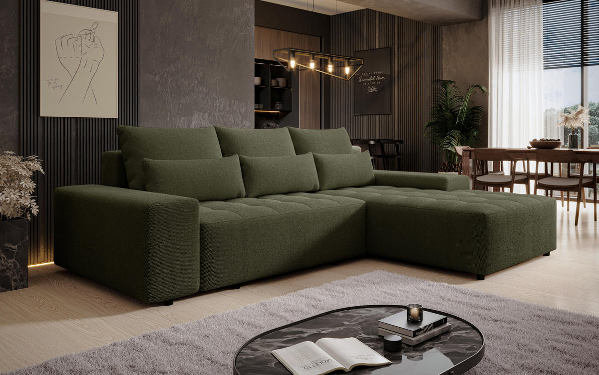 ECKSOFA L Form Alvorada Dunkelgrün 280/184/88 cm – modernes Sofa fürs Wohnzimmer - Dunkelgrün/Schwarz, Kunststoff/Textil (280/184cm) - AX Living