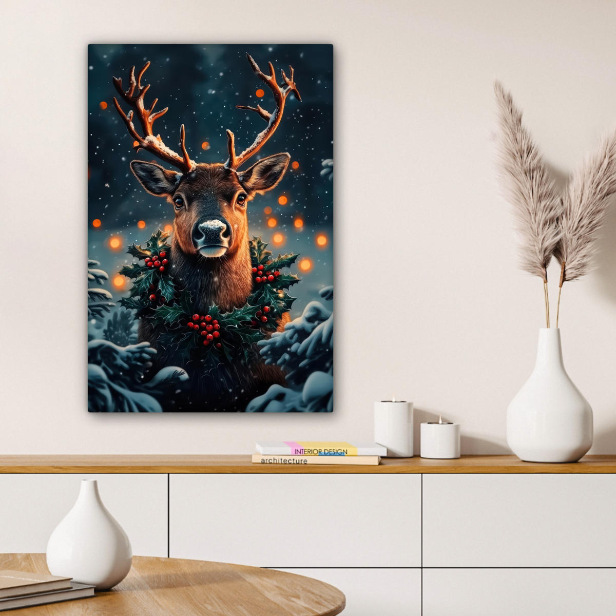 LEINWANDBILD Hirsch - Weihnachten - Winter - Schnee - Weihnachtskranz Wanddeko 40x60 cm - Dunkelbraun, Textil (40/60cm) - MuchoWow