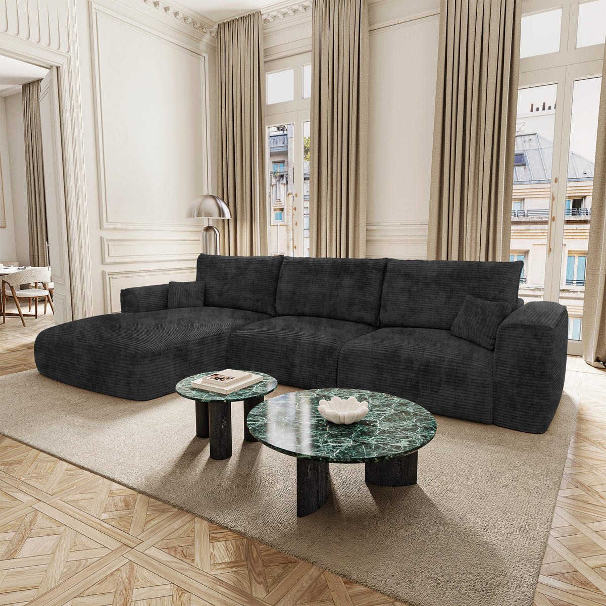 LINKSECK-SCHLAFSOFA mit Stauraum COMO Cord Schwarz 297cm - Schwarz, Textil (297/167cm) - Premium Interiors