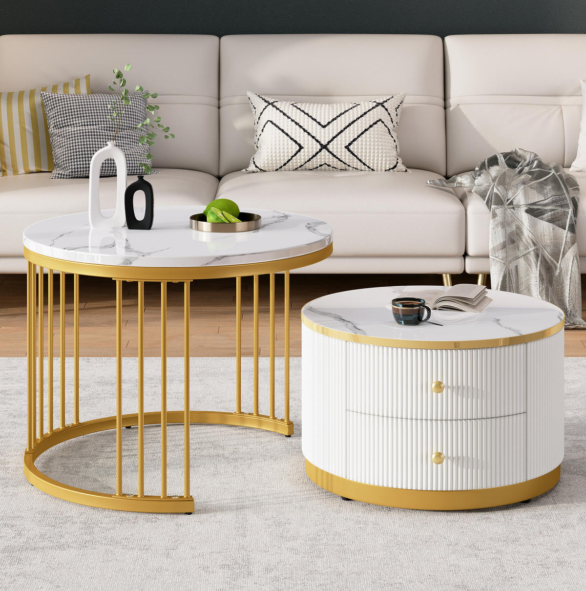 KONFERENČNÝ stolík set 2 ks, okrúhly, biely, mramorový vzhľad, so zásuvkami - biela, kompozitné drevo (60/60/45.5cm) - Flora Grace