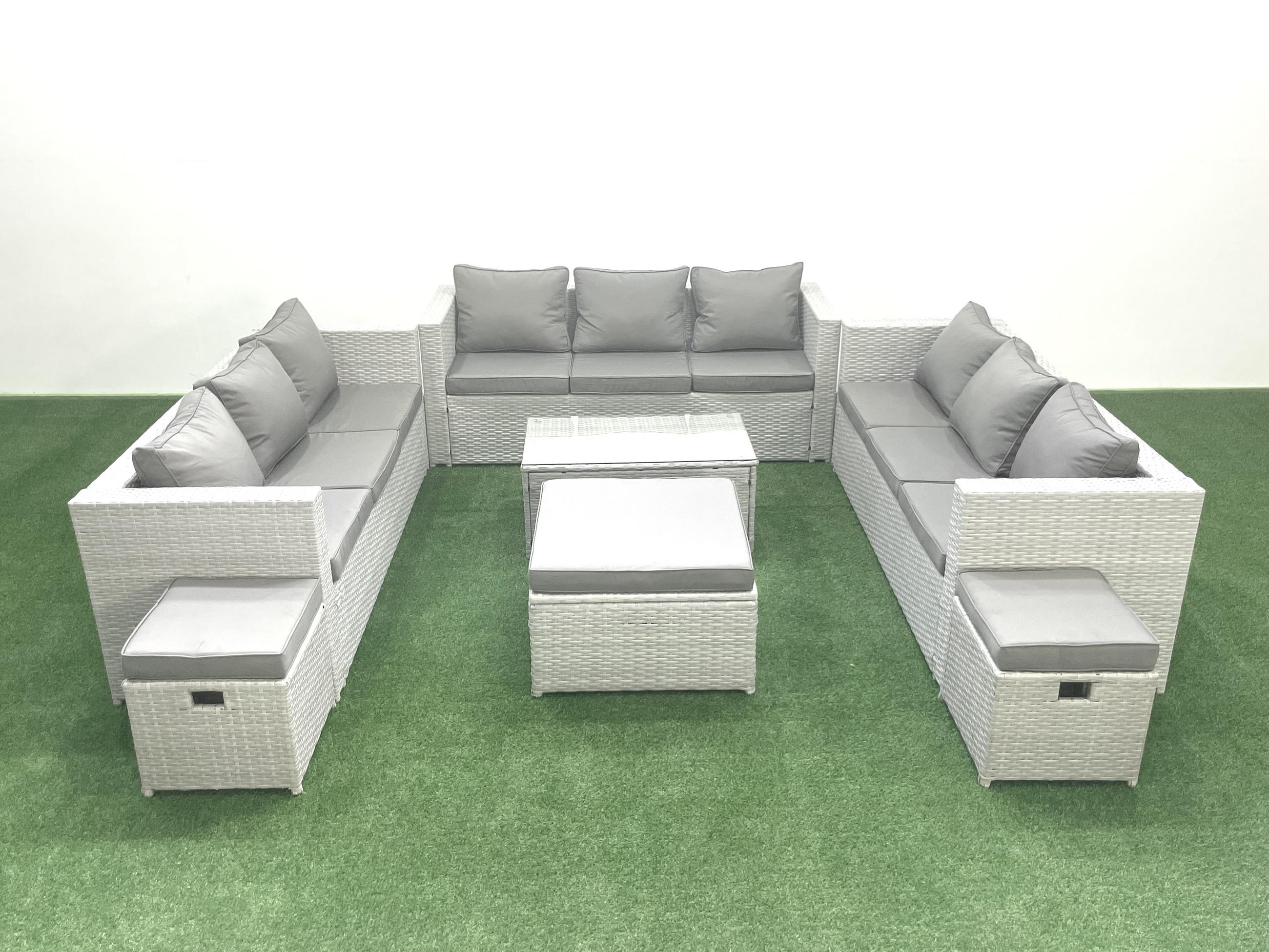 GARTENSET mit 3-SITZER SOFA,COUCHTISCH Polyrattan Hellgrau-Mix 12-Sitzer - Hellgrau/Grau, Glas/Kunststoff - Fimous