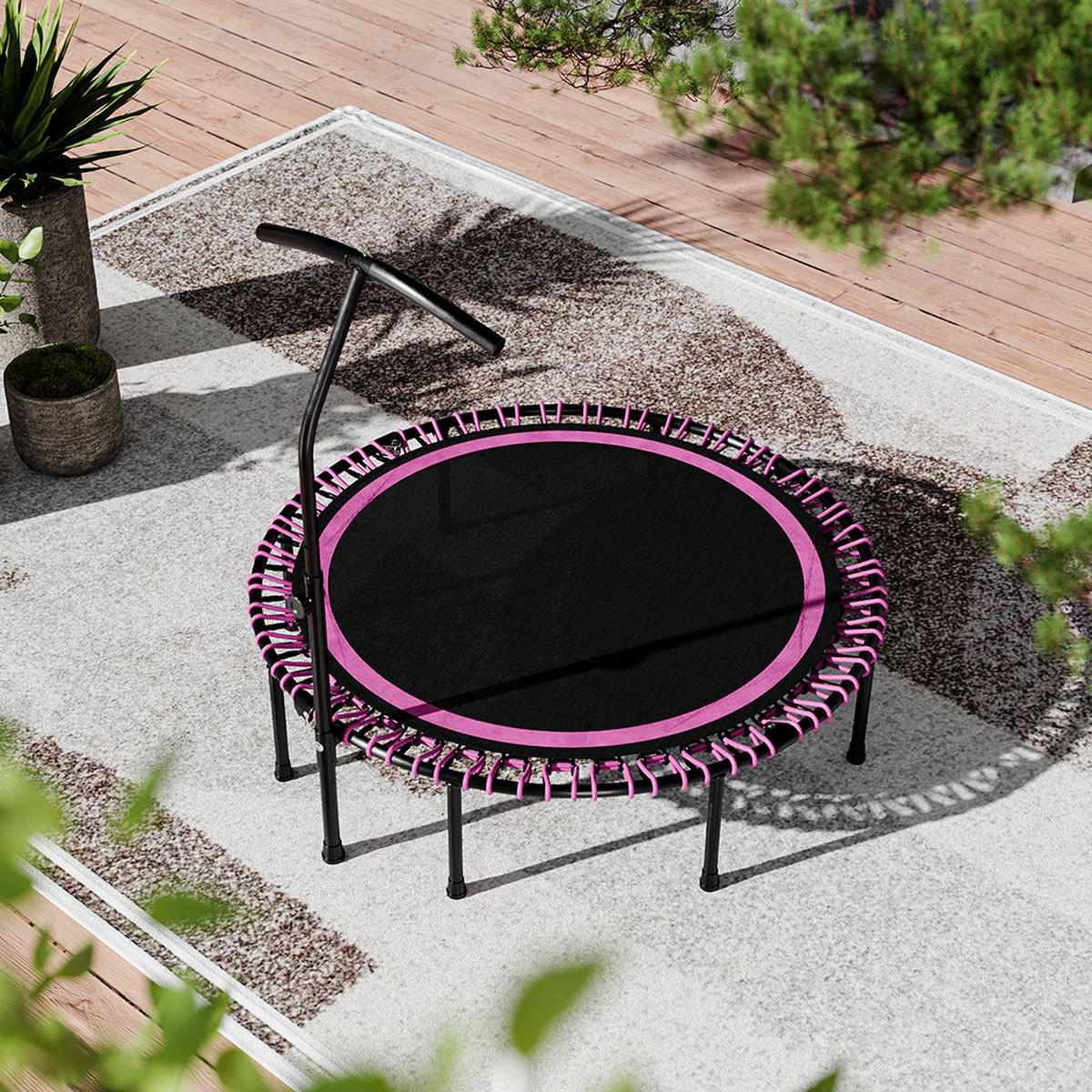 48-ZOLL-RUNDTRAMPOLIN mit Bungee-Seilen und verstellbarem T-Griff Faltbar aus Stahl Oxford-Gewebe Gummiseil in Schwarz Rosa 122 x 122 Tx 123 cm - Pink, Metall (122/122cm) - Livingandhome