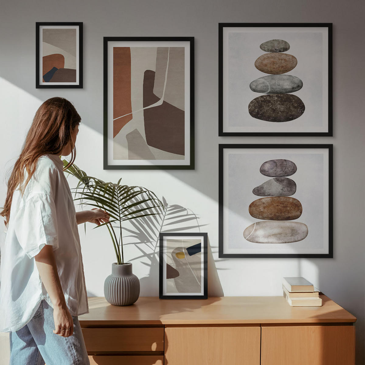 WANDBILDER 5er-Set - 50x50 cm & 20x30 cm & 40x60 cm Schwarzer Rahmen - Abstrakte Boho-Formen - Schwarz, Kunststoff (40/60cm) - ArtPrintCave