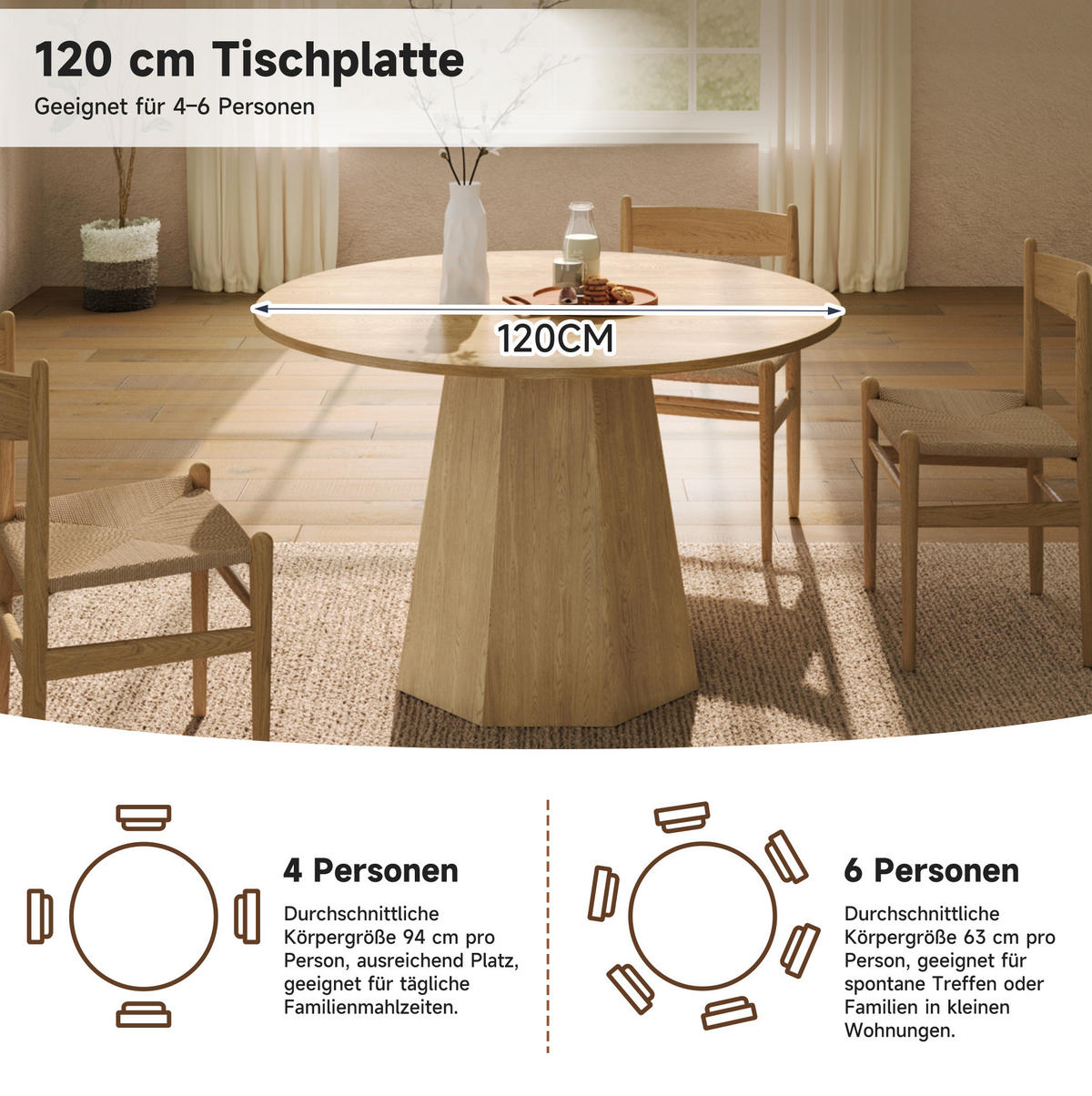 ESSTISCH aus MDF 120x120 cm Eichefarben rund für 4-6 Personen im skandinavischen Stil - Eichefarben, Holzwerkstoff (120/120/75cm) - Modfu