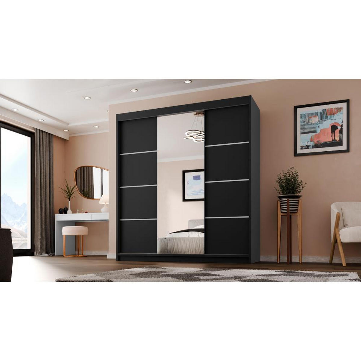 SCHWEBETÜRENSCHRANK Milo 200/215/58 3-türig schwarz mit Spiegel - Schwarz, Holzwerkstoff (200/215/58cm) - Beautysofa