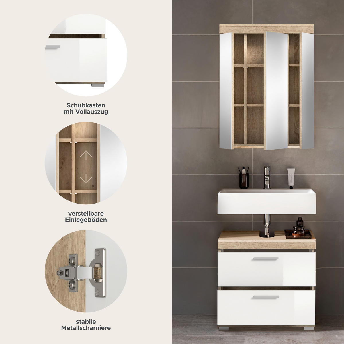 BADKOMBINATION 2tlg. Lambada Bad in Sonoma Eiche hell und weiß hochglanz B/H/T: 60x191x34 cm - Sonoma Eiche, Holz (60/191/37cm)