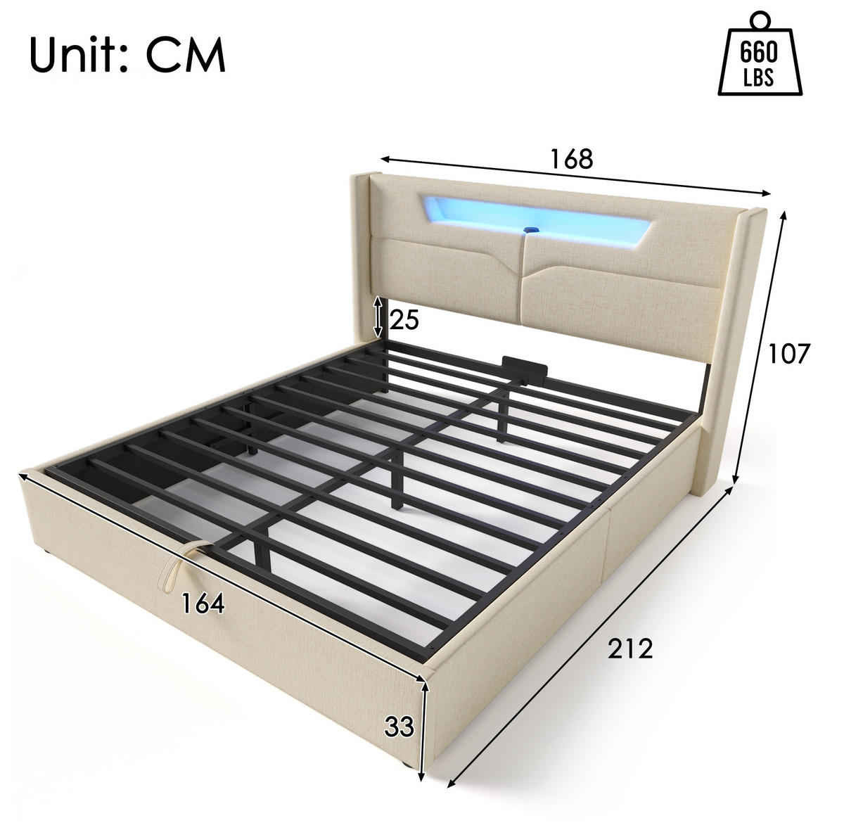 POLSTERBETT 160/200 cm mit LED-Beleuchtung, USB- und Type-C-Anschluss sowie Bettkasten, Beige - Beige, Textil (160/200cm) - Redom