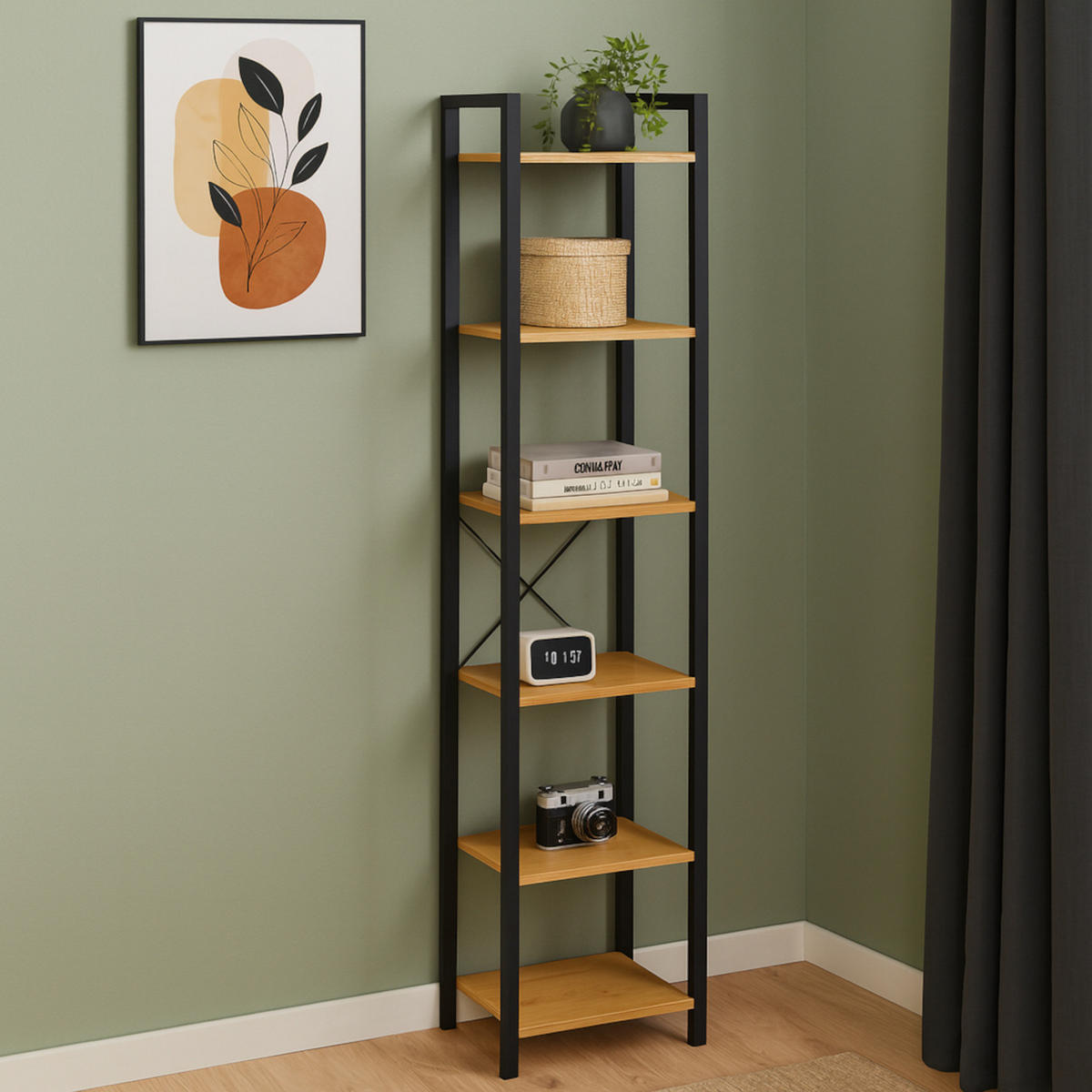 STANDREGAL Holzoptik Metall Eichefarben Schwarz mit 6 Böden 187,5 x 39,5 x 30 cm - Eichefarben/Schwarz, Holzwerkstoff/Metall (40/187.5/30cm) - Begryf