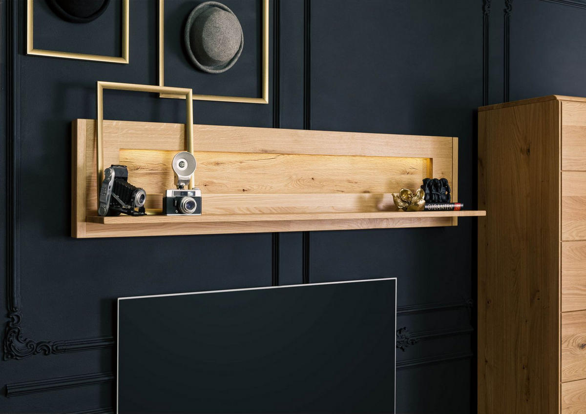 WANDREGAL Wildeiche inkl. LED 164x25x38 natur geölt CARDIFF #151 - Naturfarben, Holz (164/38/25cm) - Massivmoebel24