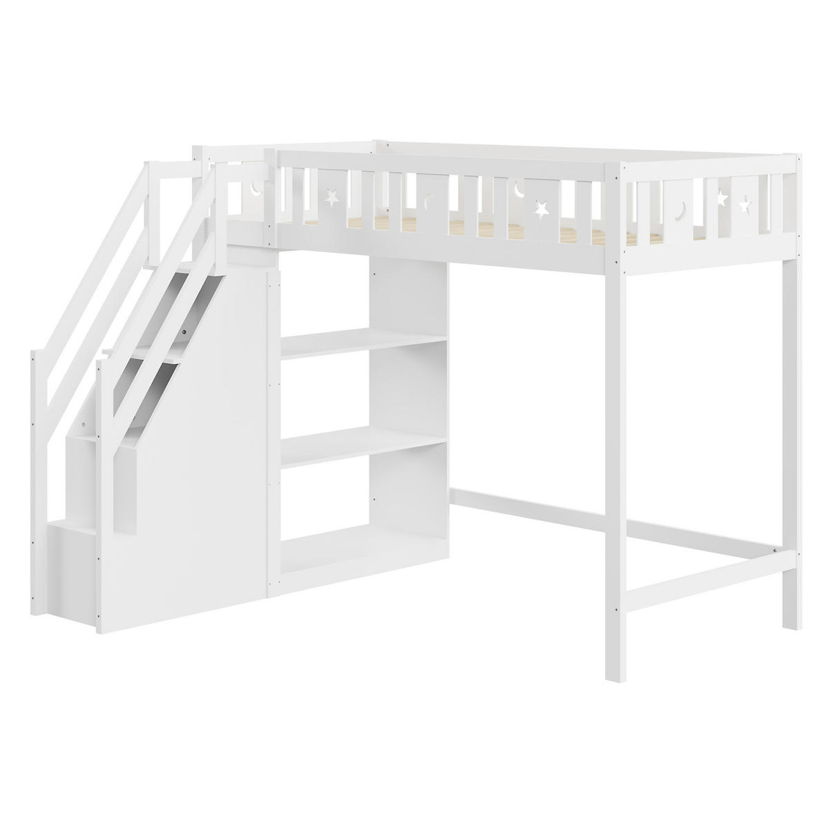 HOCHBETT 90/200 cm Weiß mit Stauraumtreppe und Regalen aus Massivholz ohne Matratze - Weiß, Holz (90/200cm) - OKWISH