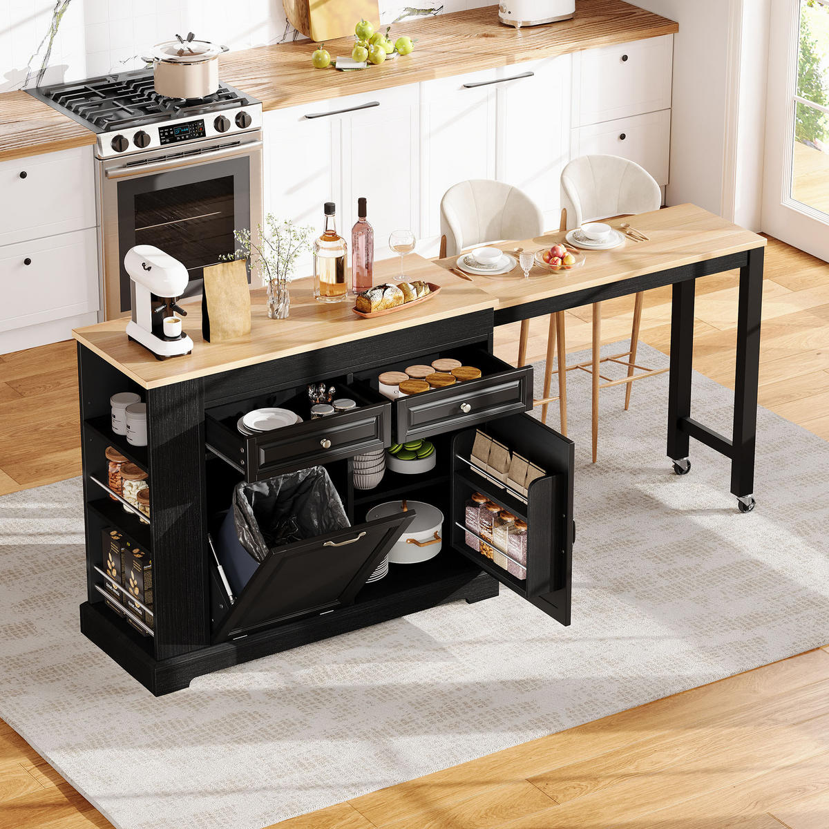 KÜCHENINSEL DE-41137 112-180/45/92 cm mit seitlich ausziehbarer Arbeitsplatte Schwarz - Schwarz, Holzwerkstoff (116/92/45cm) - ComfortXL