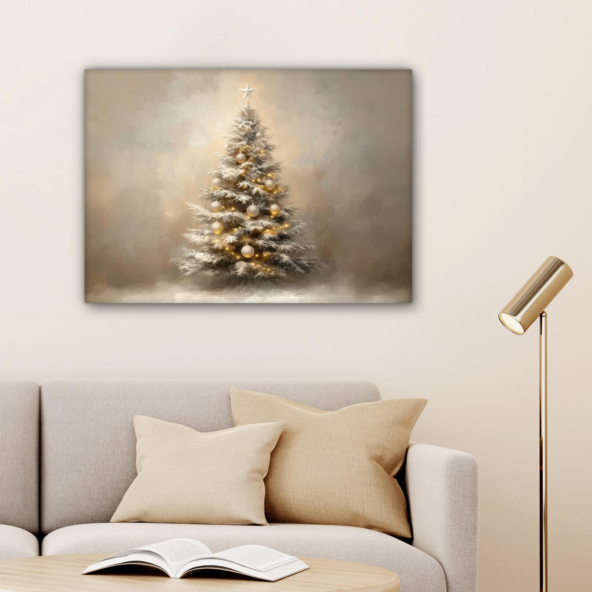 LEINWANDBILD Weihnachten - Weihnachtsbaum - Schnee - Kunst Wandbilder 80x60 cm - Champagner, Textil (80/60cm) - MuchoWow