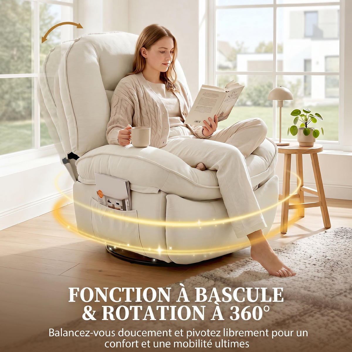 RELAXSESSEL,CHENILLE Liegefunktion 360° drehbar Seitentaschen,cremefarben - Creme, Textil (91/104/93cm) - Vallsero