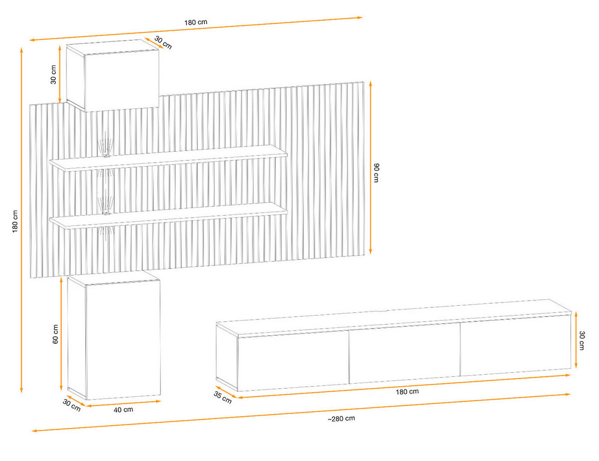 WOHNWAND Sand matt, Eiche Artisan 280 cm, Schrankwand hängend inklusive LED Beleuchtung - Sandfarben/Eiche Artisan, Holzwerkstoff (280/180/45cm) - Furn.Design