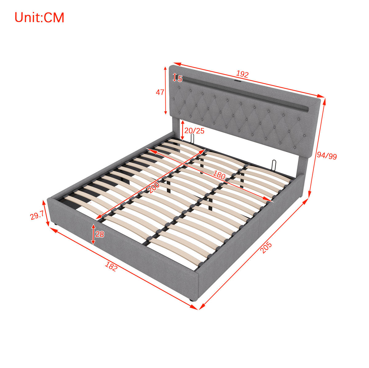 POLSTERBETT aus Leinen und MDF 180x200 cm Grau mit Bettkasten, LED-Beleuchtung und USB-Anschluss - Grau, Textil (180/200cm) - IVMEU