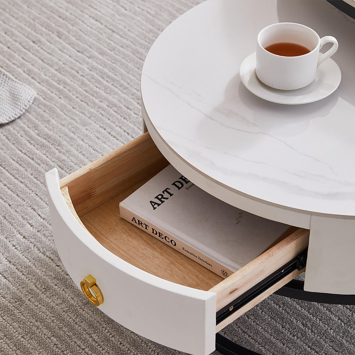 COUCHTISCH 2er-Set mit Schieferplatte und Schublade - Weiß, Holzwerkstoff (70/70/45cm) - OKWISH