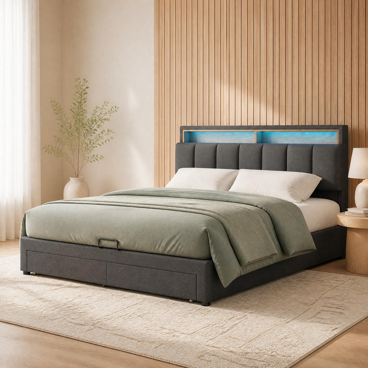 POLSTERBETT 180/200 mit Bettkasten, LED und Schubladen in Grau - Grau, Holzwerkstoff/Textil (180/200cm) - EVRYAE