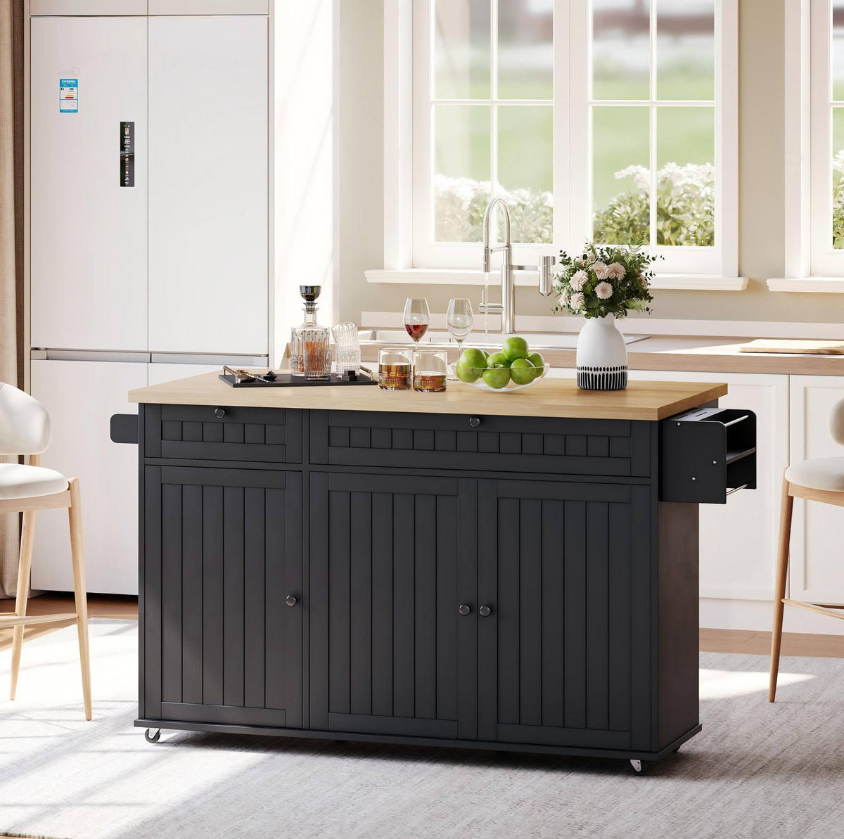 KÜCHENINSEL 137/45/89,5 cm aus MDF mit klappbarer Arbeitsplatte, Rollen, Schubladen und Schrank, Natur/Schwarz - Schwarz/Braun, Holzwerkstoff (137/89.5/70cm) - Redom