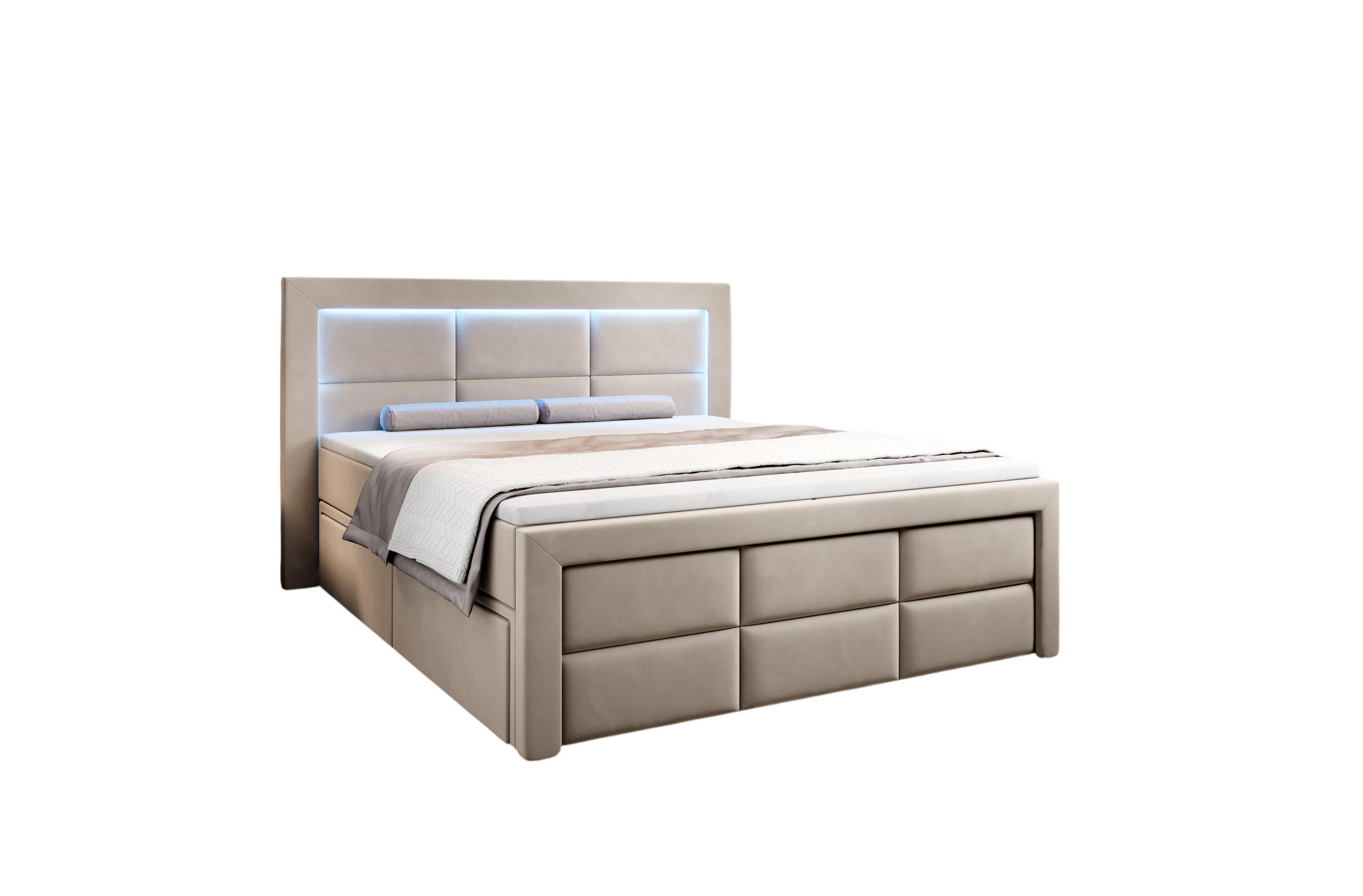 BOXSPRINGBETT Aspen mit Schubladen und Topper, LED-Beleuchtung, Samt, 180x200 cm, Beige - Beige, Holz - PROMETO Möbel