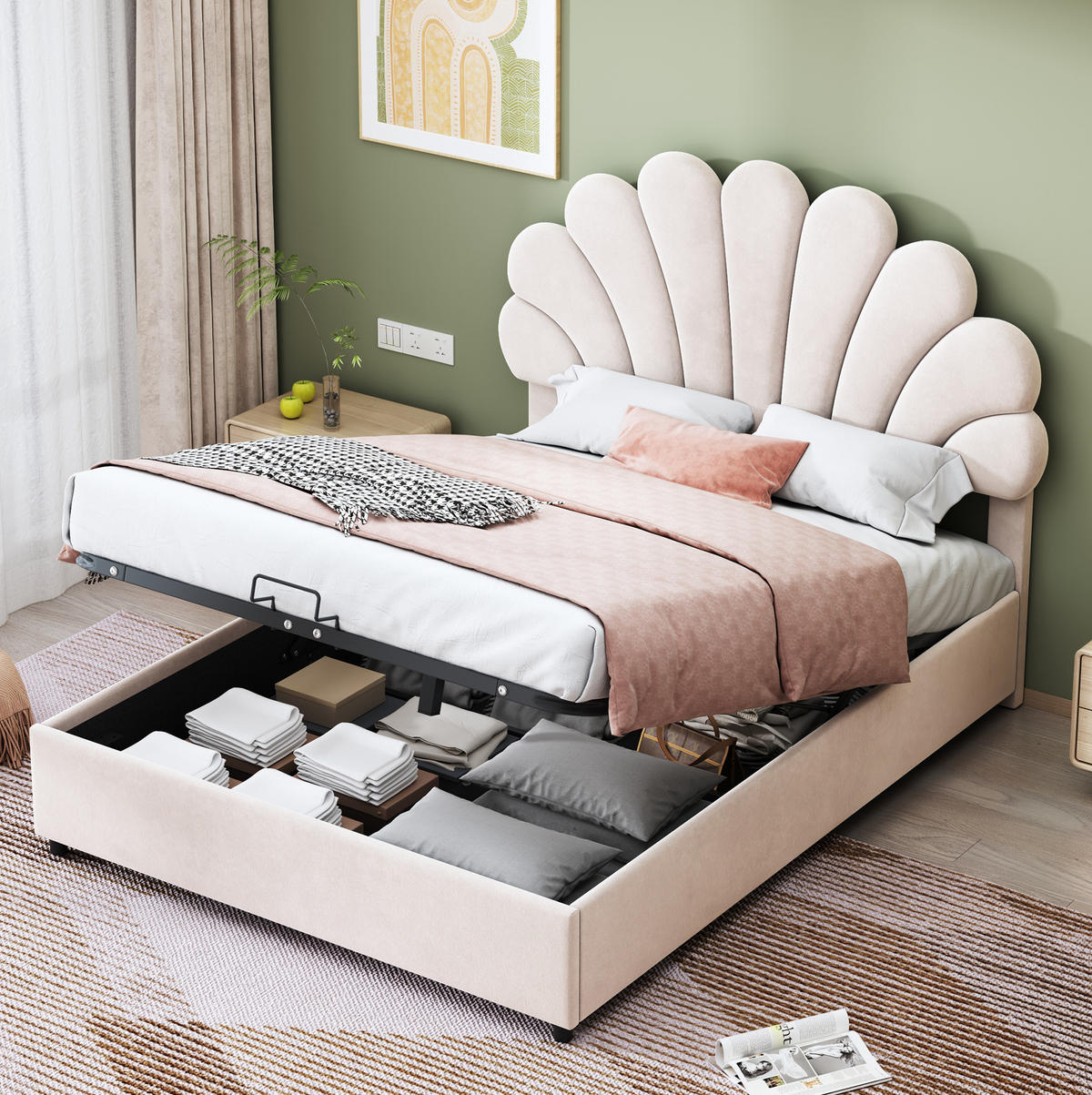 POLSTERBETT mit Stauraum 140x200 cm Samt Beige - Beige, Metall (140/200cm) - Meubliv