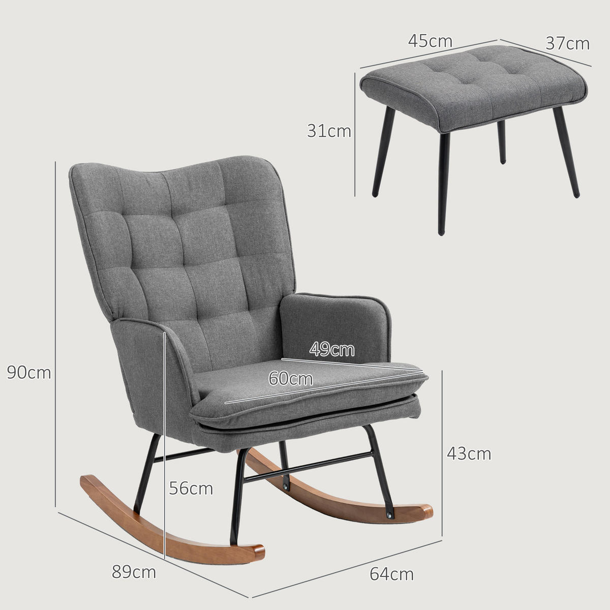 SCHAUKELSTUHL Schwingsessel mit Hocker Armlehnsessel Relaxsessel mit Leinenoptik - Dunkelgrau, Kunststoff (89/90/64cm) - HOMCOM
