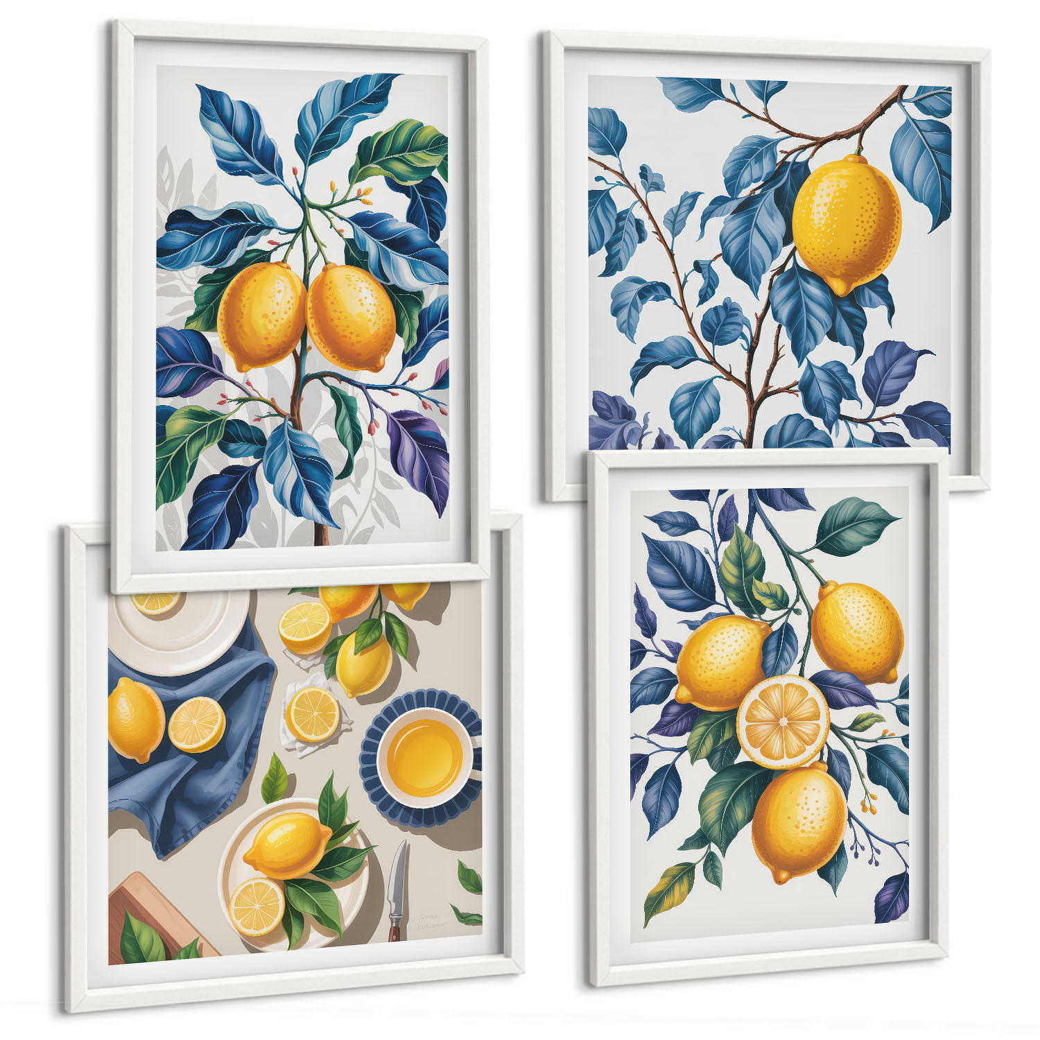 BILDER SET 4er Set - 50x50 cm & 40x60 cm Weißer Rahmen - Zitronenzweige mit blauen Blättern - Weiß, Kunststoff (50/50cm) - TULUP