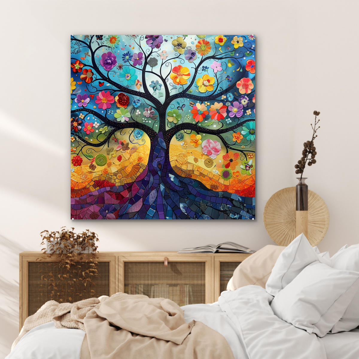 ACRYLGLASBILD Kunst - Baum des Lebens - Blumen - Hippie 90x90 cm - Dunkelblau, Glas (90/90cm) - MuchoWow