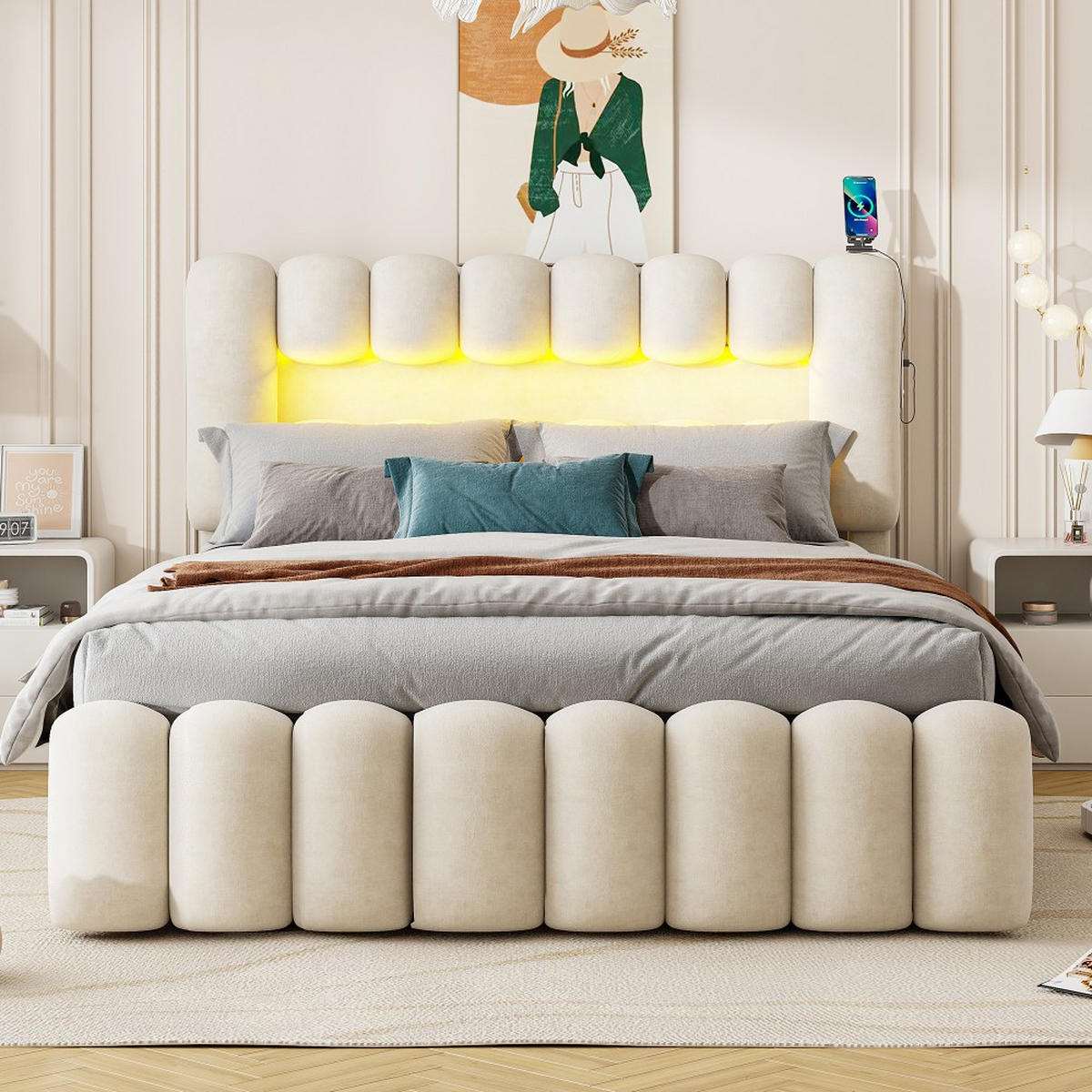POLSTERBETT 160 x 200cm in Beige Samt mit 4 Schubladen and LED-Lichtleiste - Beige, Holz/Textil (160/200cm) - KOMHTOM