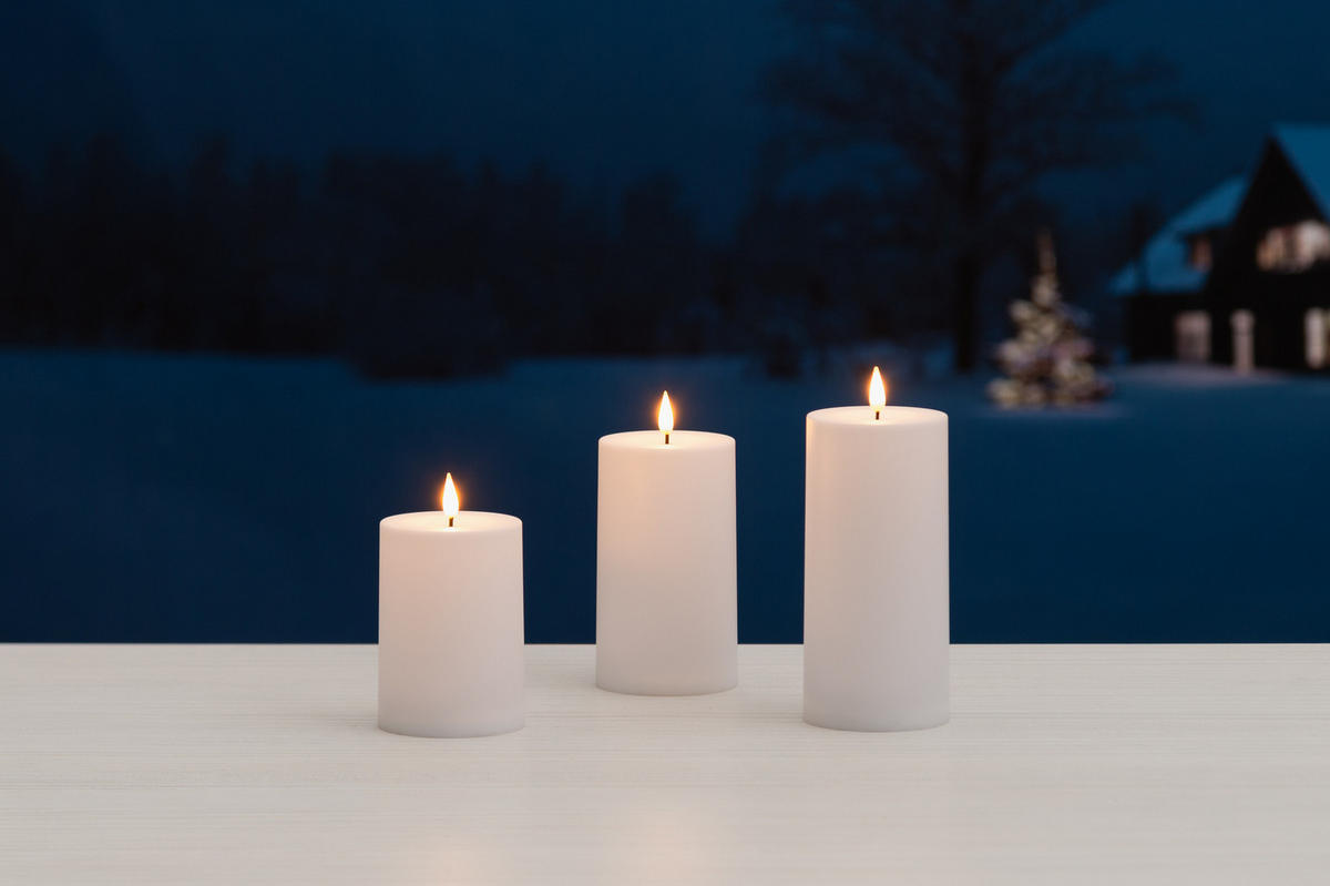 LED-KERZEN 3er-Set 10–15 cm außen - Weiß, Kunststoff (7/7/15cm)