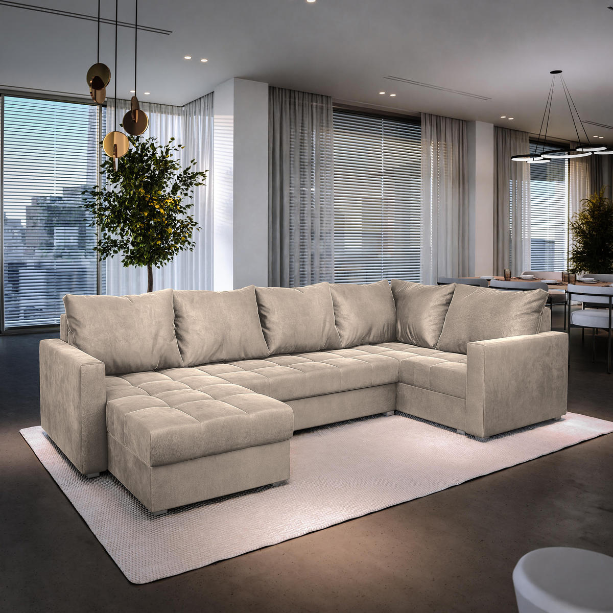 WOHNLANDSCHAFT LORIVO L-S Beige Plüsch-Stoff mit Schlaffunktion - Beige, Holz (285/85/150cm) - MASSENO
