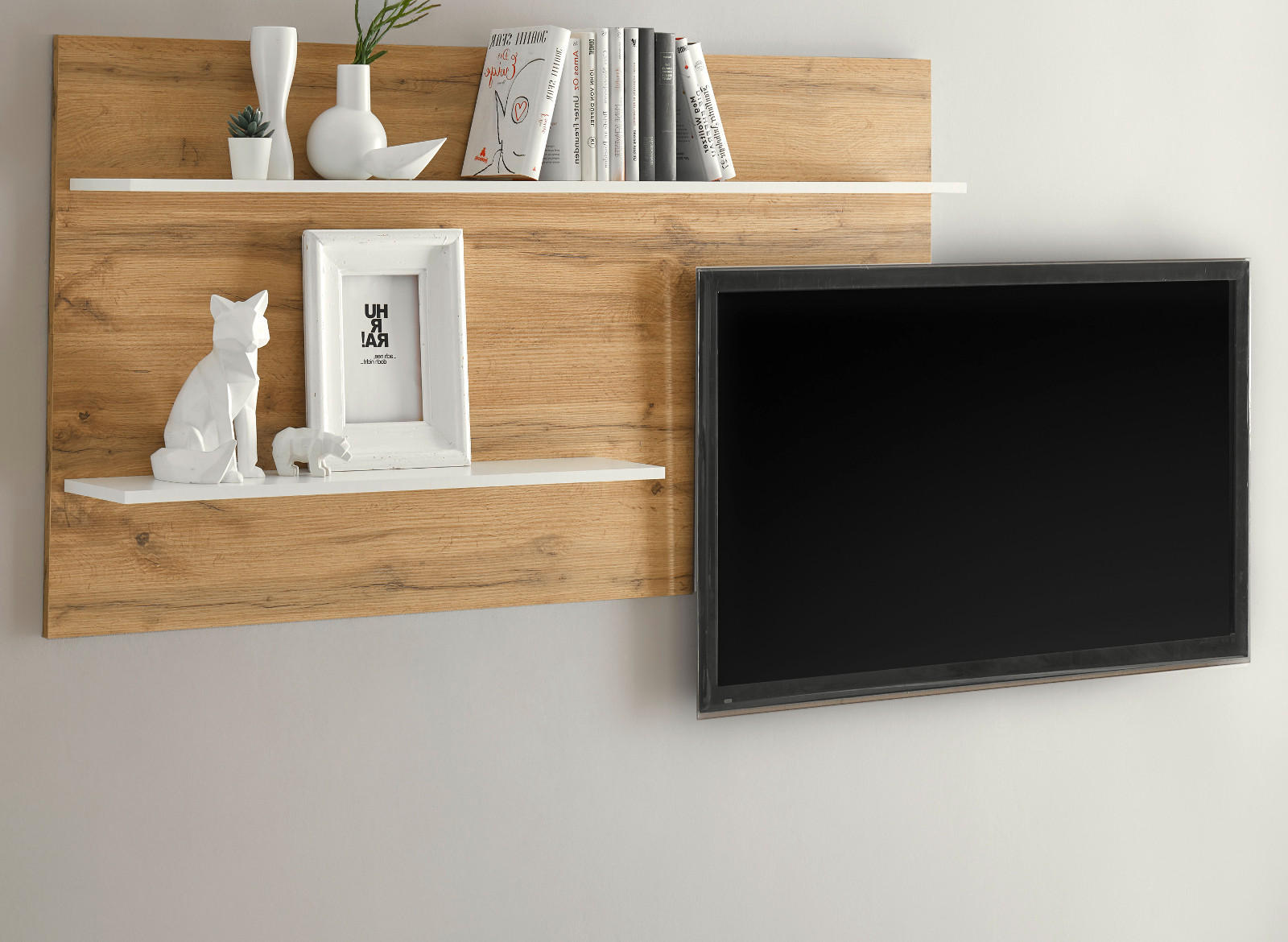 WANDREGAL Eiche Wotan, weiß 155 cm, Wandpaneel mit 2 variablen Regalböden - Weiß, Holzwerkstoff/Metall (155/80/20cm) - Furn.Design